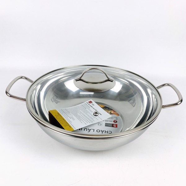 Chảo Lẩu xào sâu lòng 3 đáy inox 430 Fivestar 24-26-28-32cm Đáy từ Vung Kính