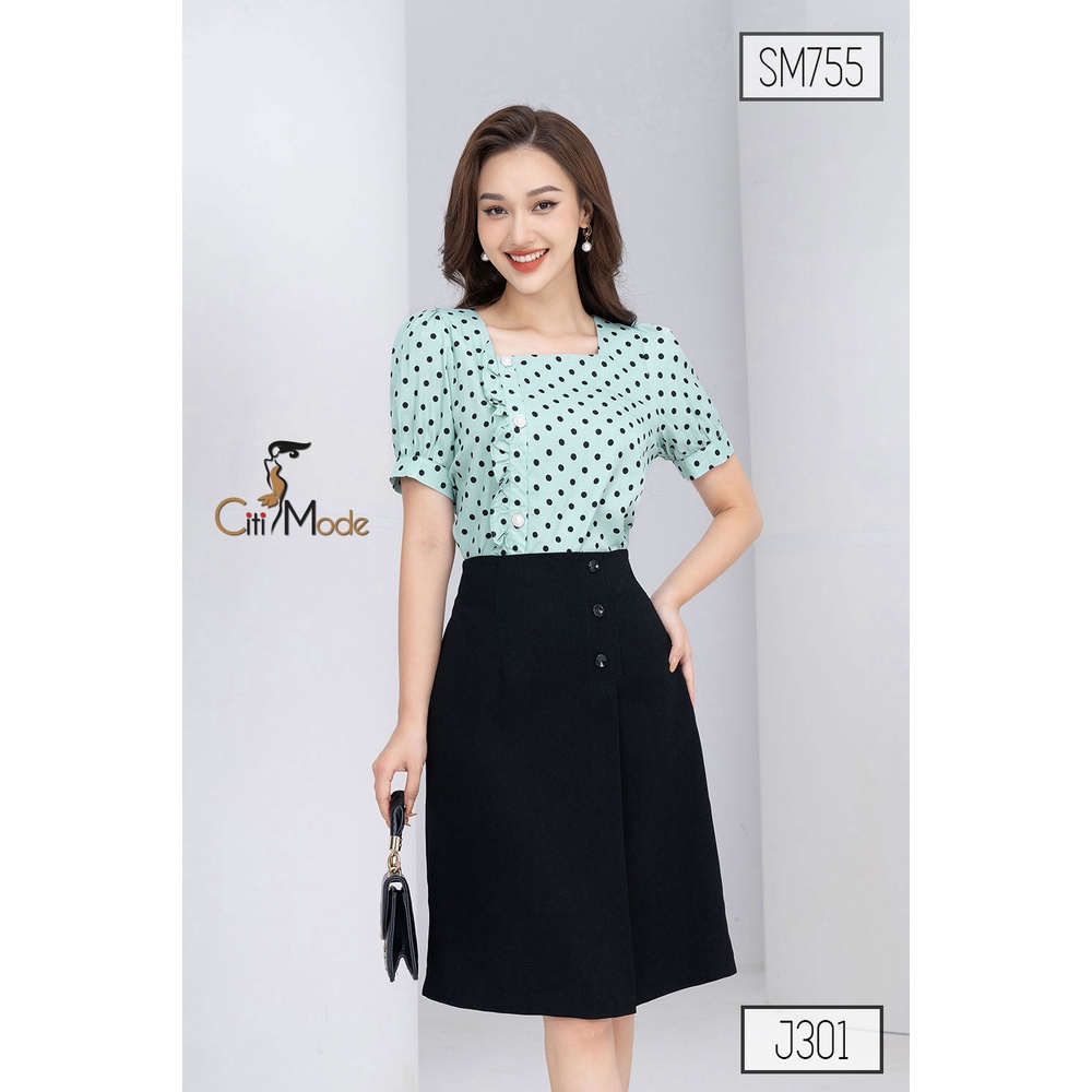 Chân váy A công sở CITI MODE đen vạt trước phối cúc J301
