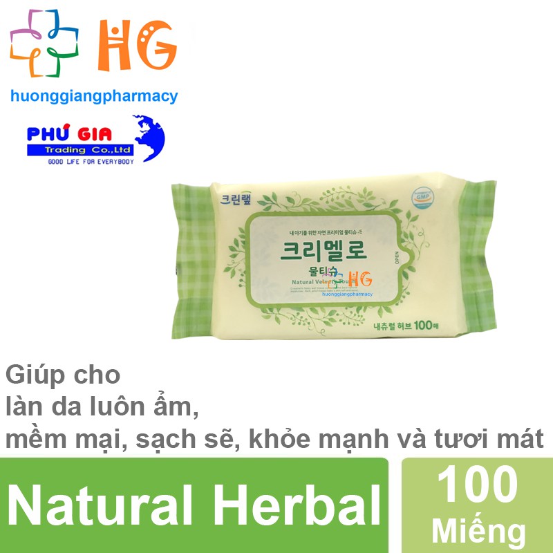 Khăn giấy ướt Hàn Quốc Natural Herbal - Chiết xuất trái Bơ, Chanh, tinh dầu Olive (Gói 100 Miếng)