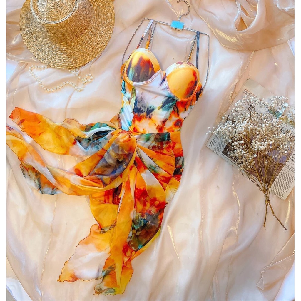 Bikini Đồ Bơi Nữ Một Mảnh Kèm Khăn Choàng Họa Tiết Gợn Sóng Màu Vàng Lửa/ Tím R3 | BigBuy360 - bigbuy360.vn