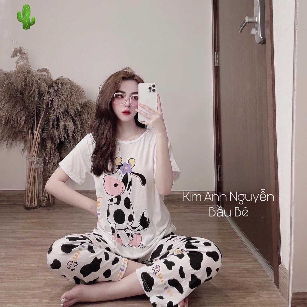 Sét bộ áo thun in hình con bò sữa phối quần ống suôn cực xinh , chất thun coton lạnh mềm mịn
