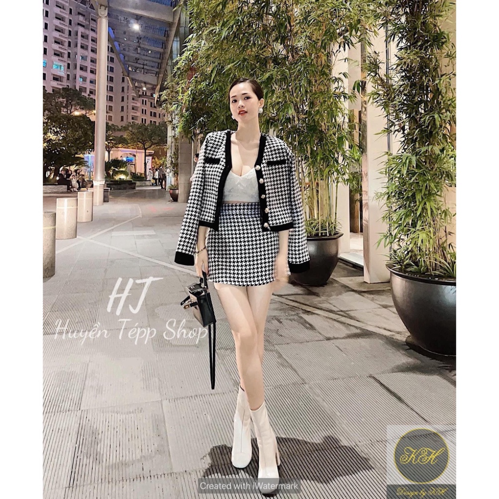 Set dạ họa tiết siêu xinh hai màu phong cách sang chảnh thu đông 2021