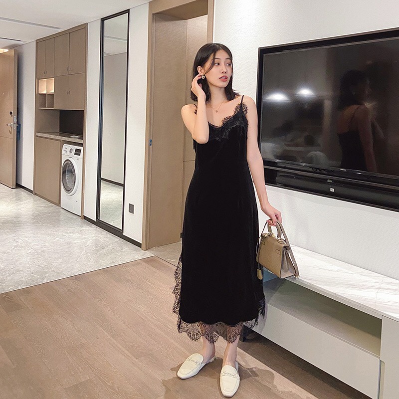 Đầm Ngủ Nhung Tiểu Thư Dáng Dài Phối Ren Sang Chảnh Quyển Rũ Minhduongct