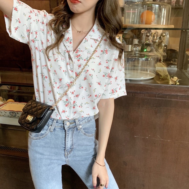 Áo Sơ Mi Ngắn Tay In Hoa Xinh Xắn Phong Cách Hàn Quốc
