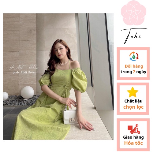 Váy 2s trễ vai tay bồng xanh pastel cốm rút hông đầm 2 dây