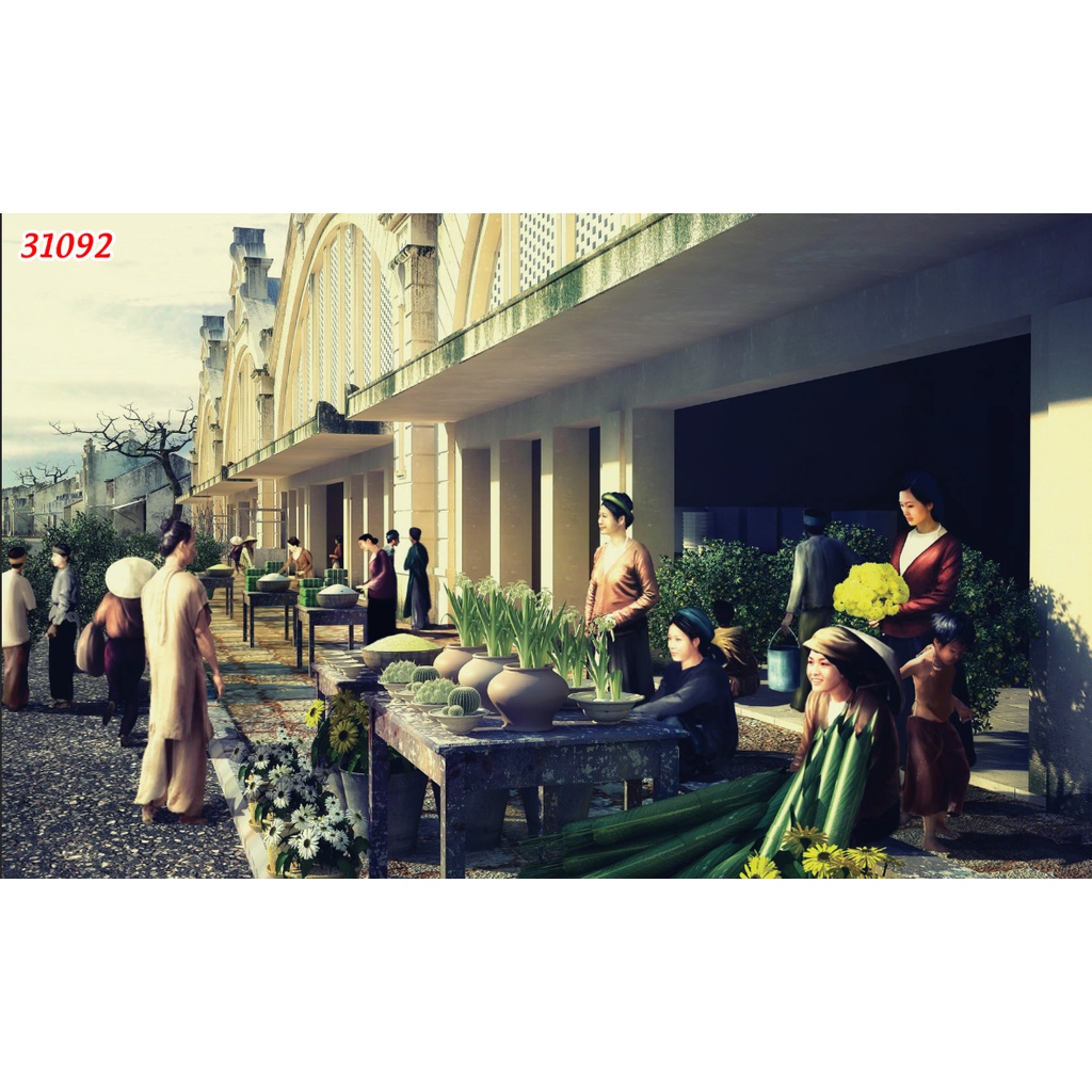 Tranh dán tường góc Phố phong cách Hà Nội cổ điển 3D nhiều mẫu