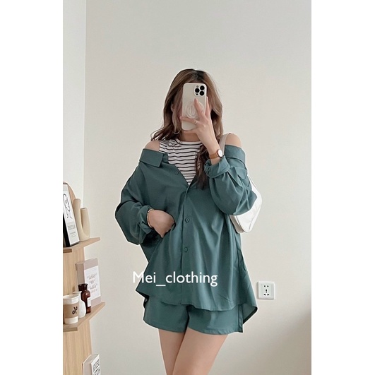 Set sơmi lụa cách điệu may liền áo lỗ kẻ sọc, set đồ nữ tiểu thư