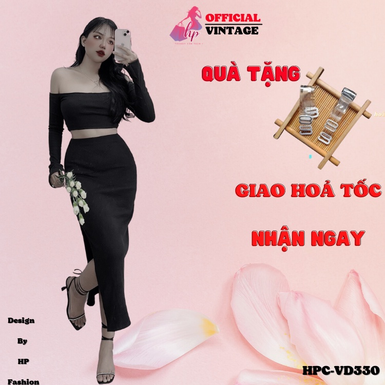 Set áo trễ vai croptop tay dài kèm chân váy xẻ tà đùi màu đen thun xịn kiểu hàn quốc tôn dáng VD330