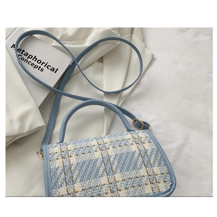 Túi Xách Nữ Vuông Họa Tiết Kẻ Sọc Xu Hướng Thời Trang 2021-Đen/Xanh Dương-Có Quà Tặng