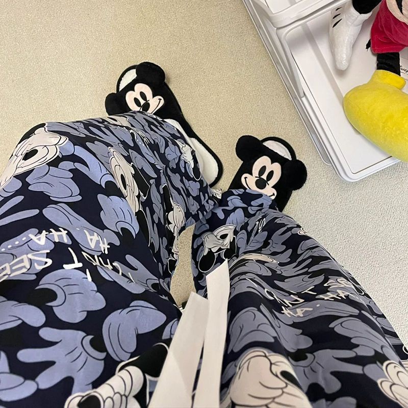 Quần Ngủ Dài Dáng Rộng In Họa Tiết Hoạt Hình Mickey Thời Trang Xuân Thu Xinh Xắn Cho Nữ