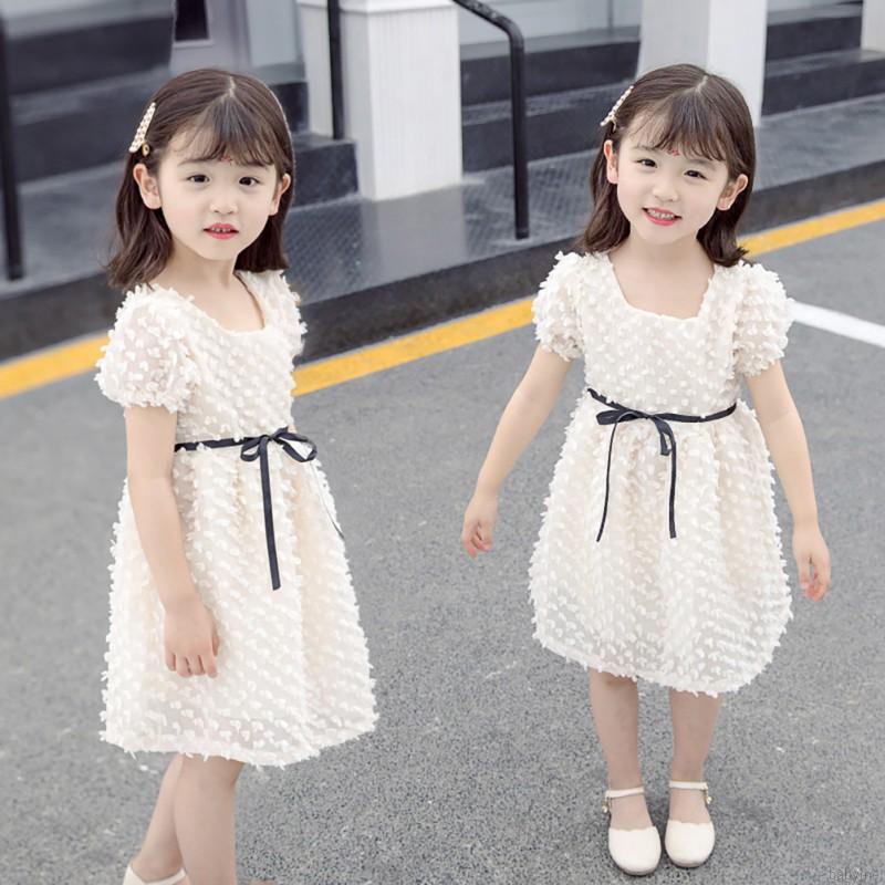 Đầm công chúa phối ren nơ thoáng khí 1 màu bằng cotton cho bé gái