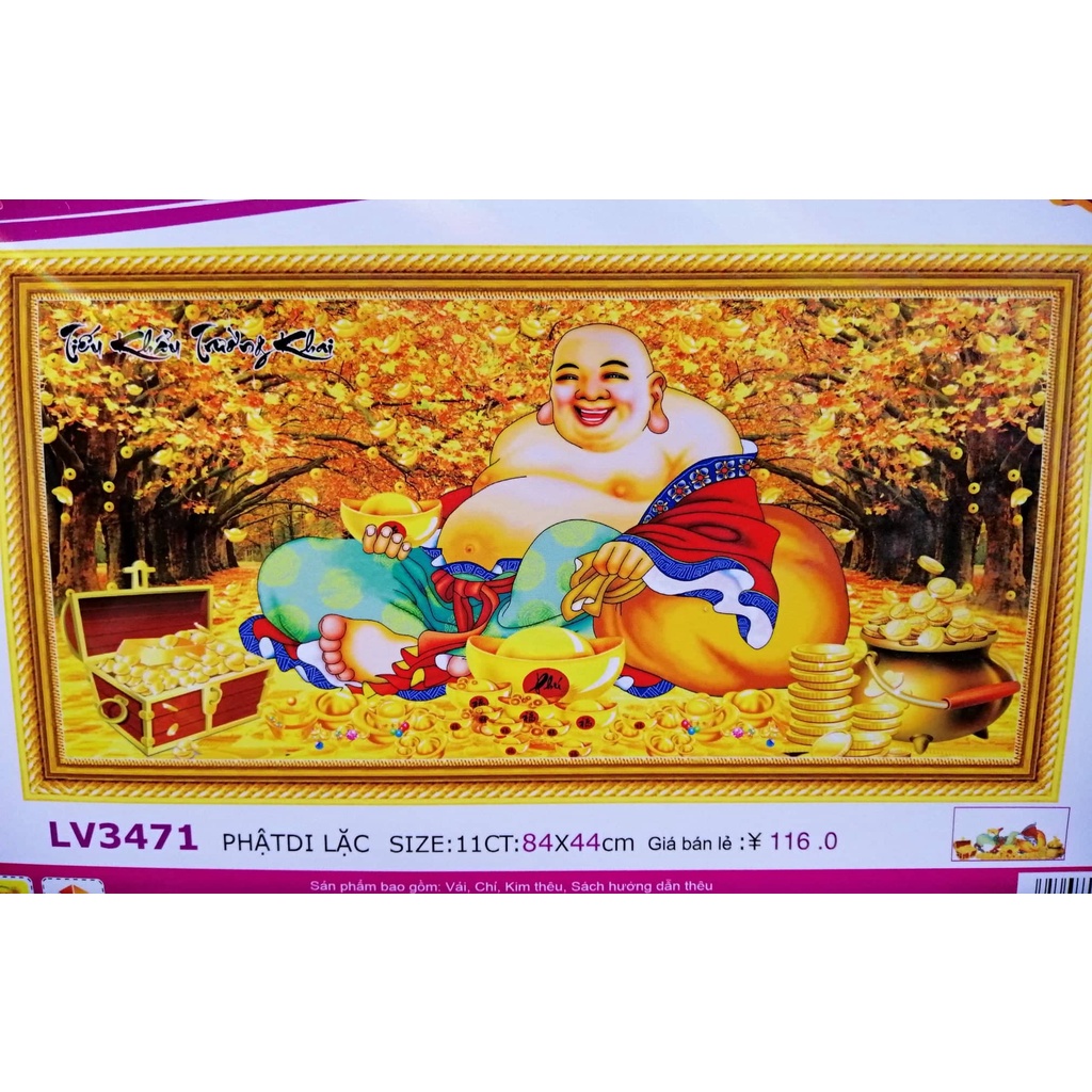 Tranh thêu chữ thập Phật di lặc Tiếu khẩu trường khai LV3471