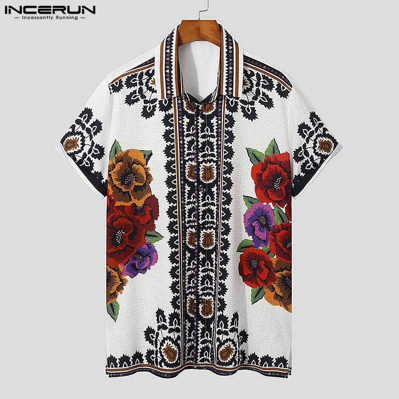 Áo sơ mi INCERUN tay ngắn in họa tiết thổ cẩm phong cách vintage thời trang đi biển dành cho nam