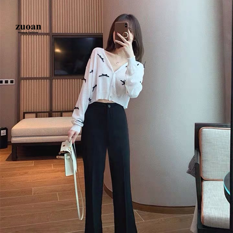 SUXI Áo Dệt Kim Nữ Tay Dài Cổ Chữ V Phối Nơ