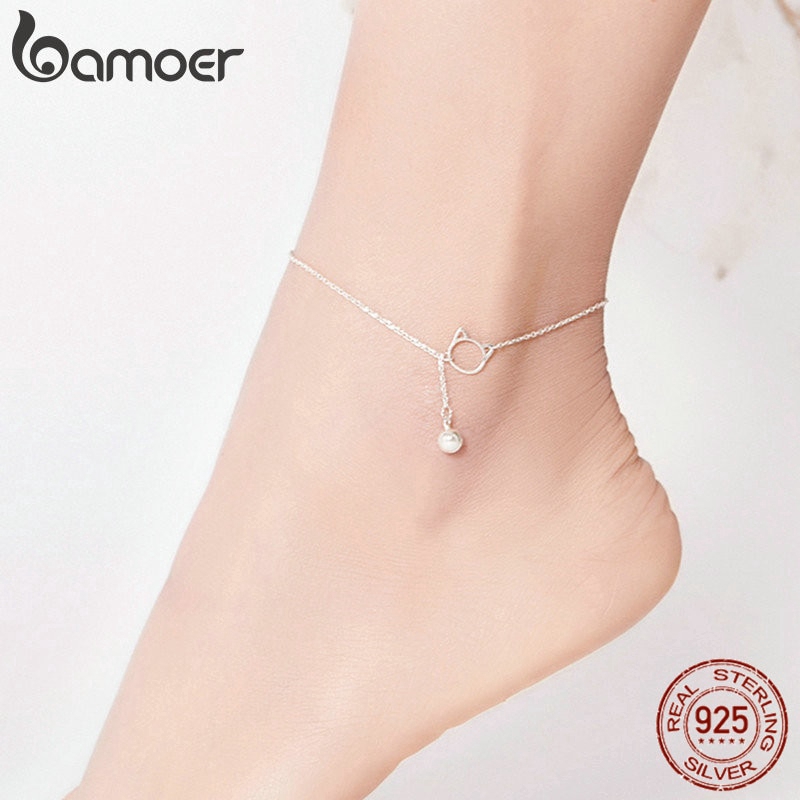 Lắc chân BAMOER SCT003 bạc 925 thiết kế đầu mèo đơn giản thời trang