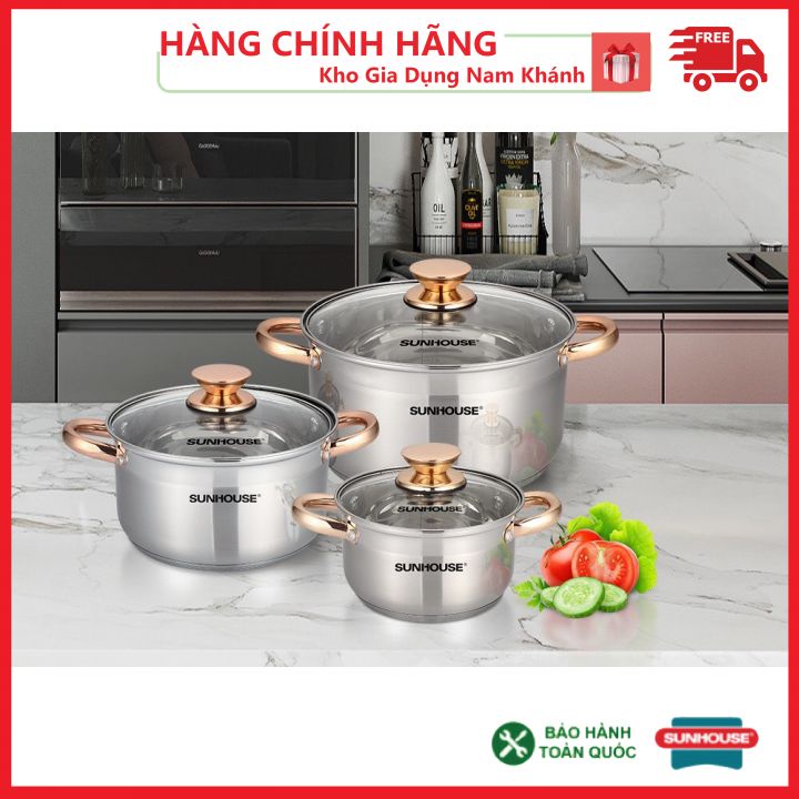 Bộ 3 Nồi Inox 5 Đáy Từ Sunhouse SH781 - 5 Đáy Dùng Cho Bếp Từ, 3 Nồi Kích Thước: 16cm, 20cm, 24cm.