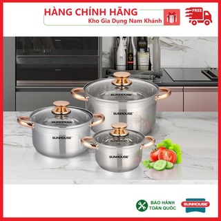 Bộ 3 nồi inox 5 đáy từ sunhouse sh781 - 5 đáy dùng cho bếp từ, 3 nồi kích thước: 16cm, 20cm, 24cm.