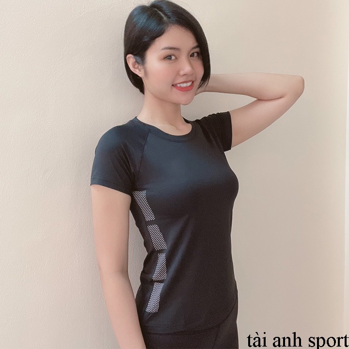 Áo nữ tập Gym, Yoga, Aerobic tay ngắn, chất thun 4 chiều - In eo