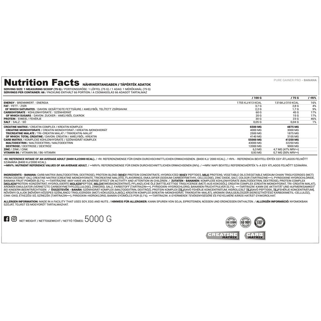 Mass GAINER PRO NUTRIVERSUM,sữa tăng cân tăng cơ, hàm lượng wheyprotein& creatine cực cao, 5kg/66sv