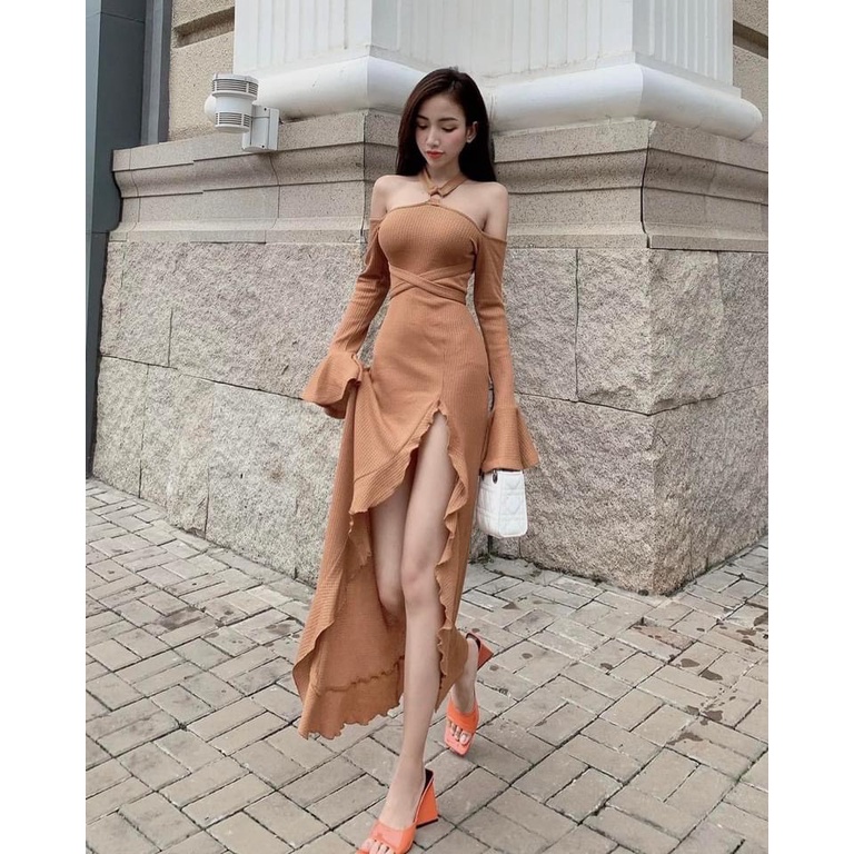 Đầm Body Tay Dài Xẻ Đùi Bèo Cách Điệu