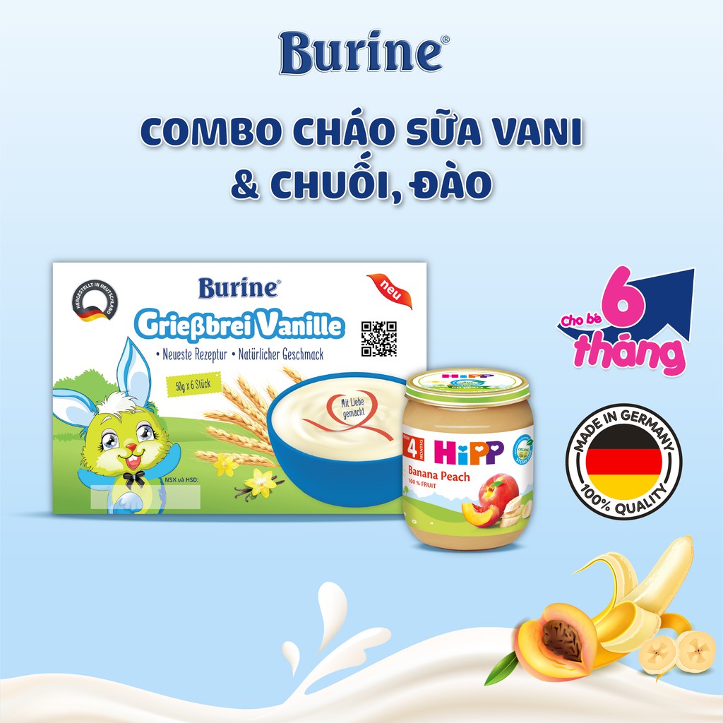 Combo Cháo Sữa BURINE Vani Và Trái Cây Chuối, Đào Ăn Dặm HiPP Kích Thích Vị Giác Cho Bé Từ 6 Tháng Tuổi CSVANI_4396