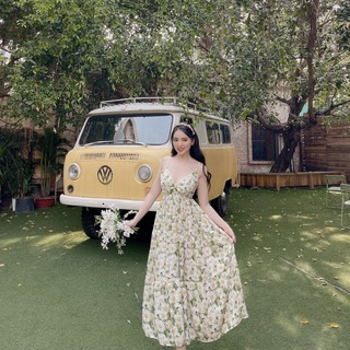 Đầm maxi hoa 2 dây cổ tim/ Đầm hoa maxi đi biển 2s cổ tim