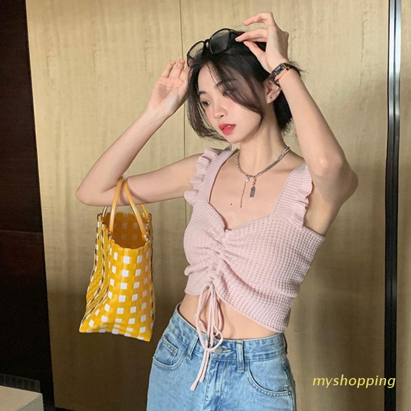 Áo Croptop Dệt Kim Sát Nách Cổ Chữ V Dáng Ôm Phối Dây Rút Thời Trang Mùa Hè Quyến Rũ Cho Nữ