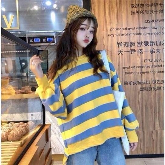 Áo Sweater Mỏng Dáng Rộng Tay Dài Kẻ Sọc Kiểu Harajuku Hàn Quốc Thời Trang Cho Nữ 200