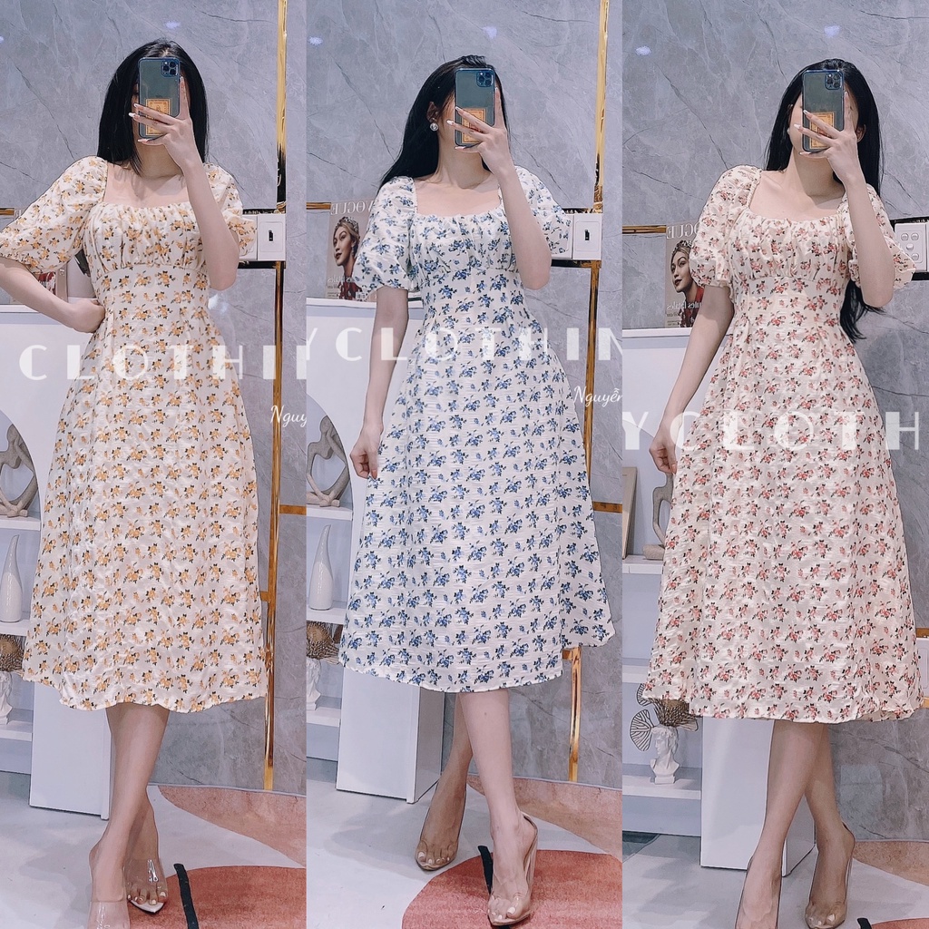VÁY HOA NHÍ CỔ VUÔNG NƠ LƯNG XINH XẮN BÁNH BÈO ĐI TIỆC ĐI BIỂN ĐI CHƠI VỚI MÀU XANH, VÀNG VÀ ĐỎ