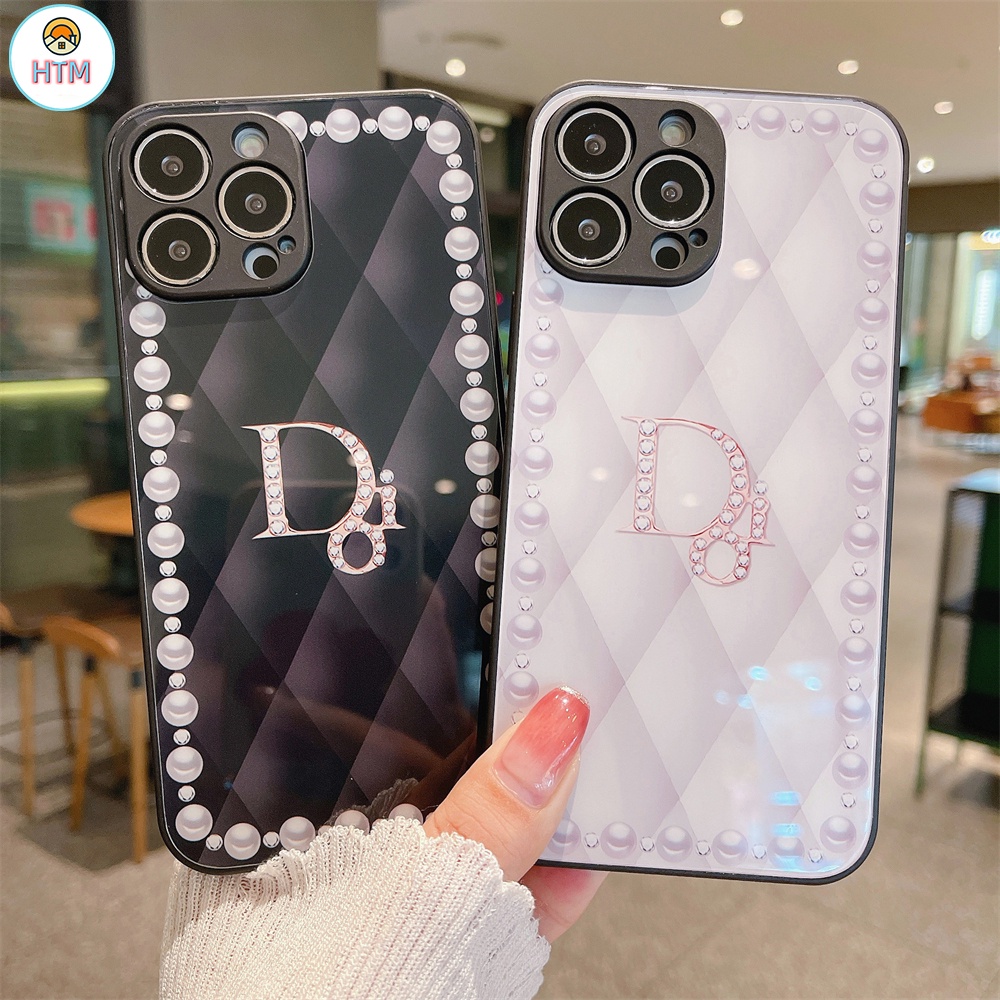 Ốp Điện Thoại Mặt Kính Viền Vuông Đính Ngọc Trai Sang Trọng Cho iPhone 13 12 11 Pro Max Promax XS Max
