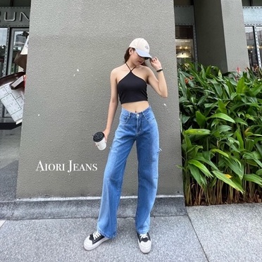 Quần Jean Ống Rộng AIORI Lưng Cao Loang Màu Rách Hông_A048