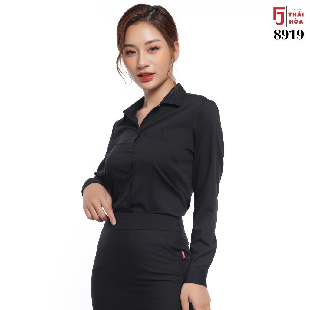 Áo sơ mi nữ đen tay dài kiểu công sở đẹp cao cấp vải sợi tre Thái Hoà 8919-15-01