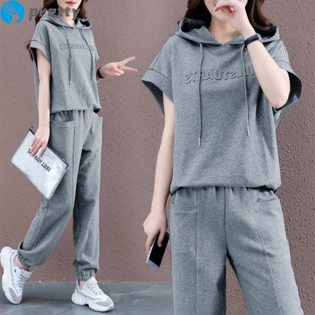 Set đồ thể thao 2 món gồm áo thun tay ngắn và quần dài có túi thời trang cho nữ