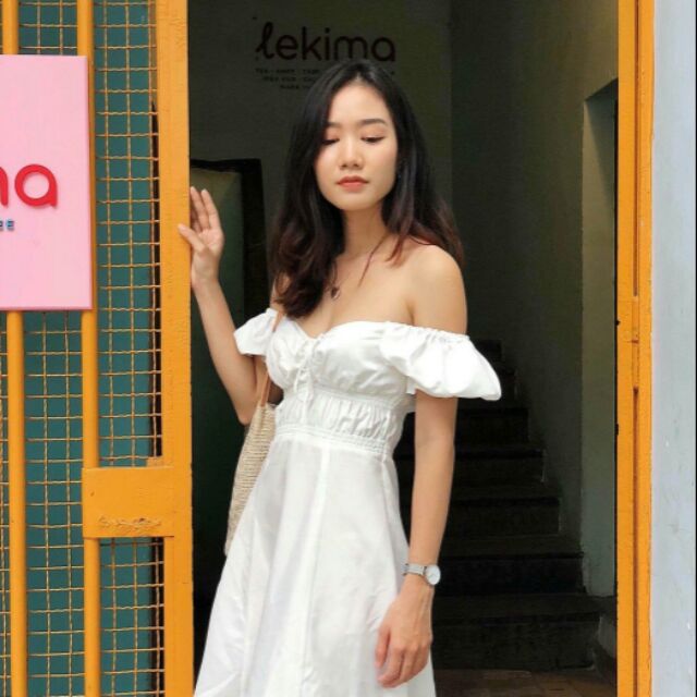 Đầm xòa bẹt vai rút niw ngực