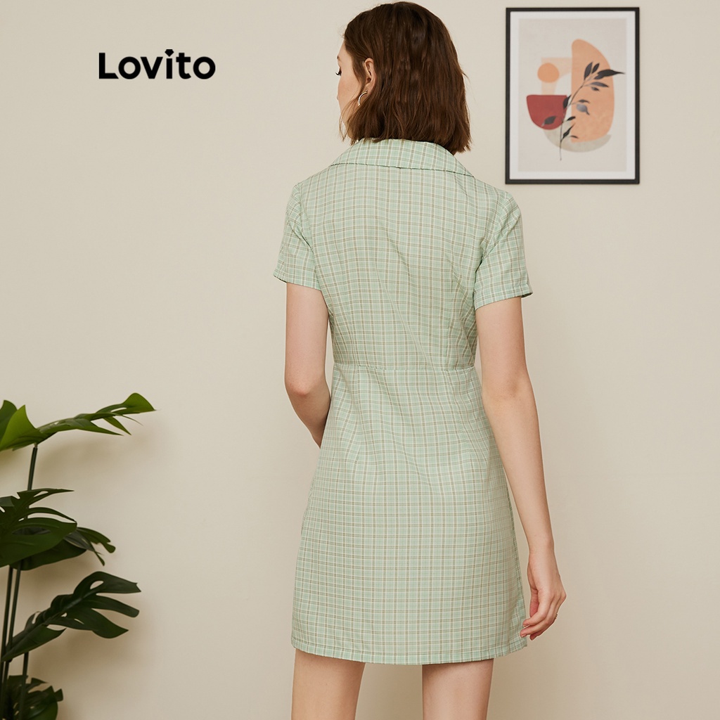 Đầm sơ mi Lovito có cổ họa tiết kẻ caro phong cách preppy L19D052 (xanh lá/hồng xám)