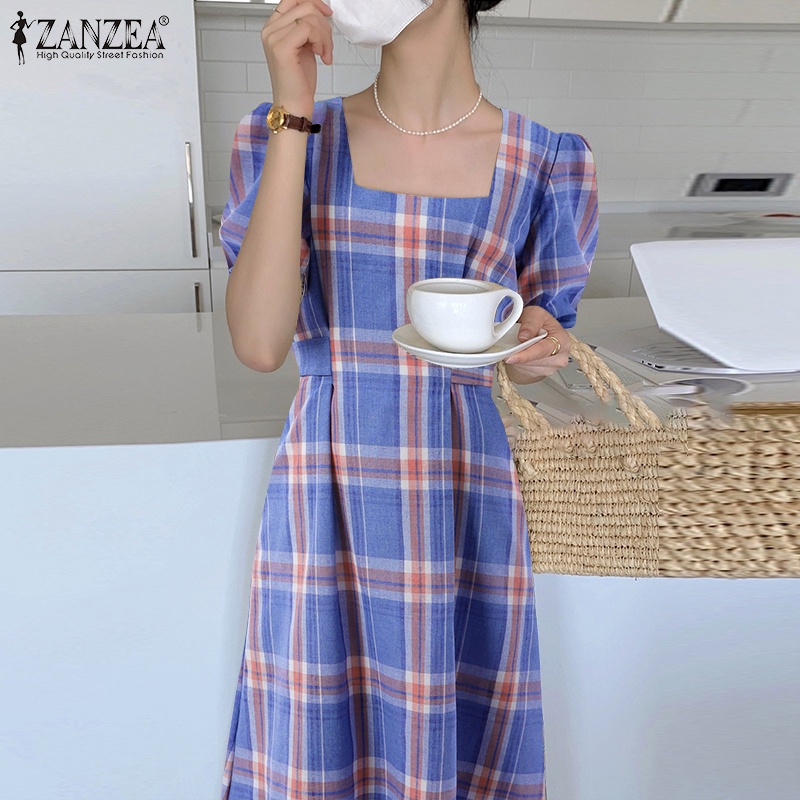Đầm dài Zanzea tay lửng cổ vuông họa tiết sọc caro thời trang cho nữ