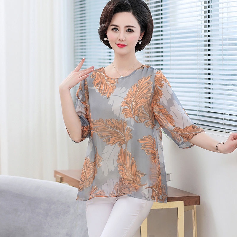 Áo thun ngắn tay in hình lớn băng lụa cao cấp mùa hè cho người mẹ phụ nữ trung niên
