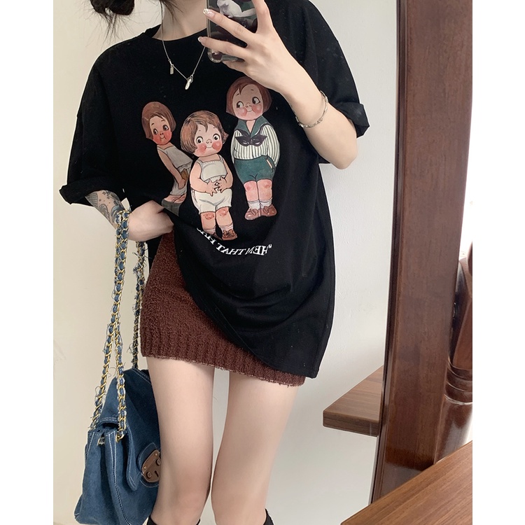 Áo Thun T-Shirt Tay Ngắn Cổ Tròn In Họa Tiết Thời Trang Phong Cách Hàn Quốc Cho Nữ