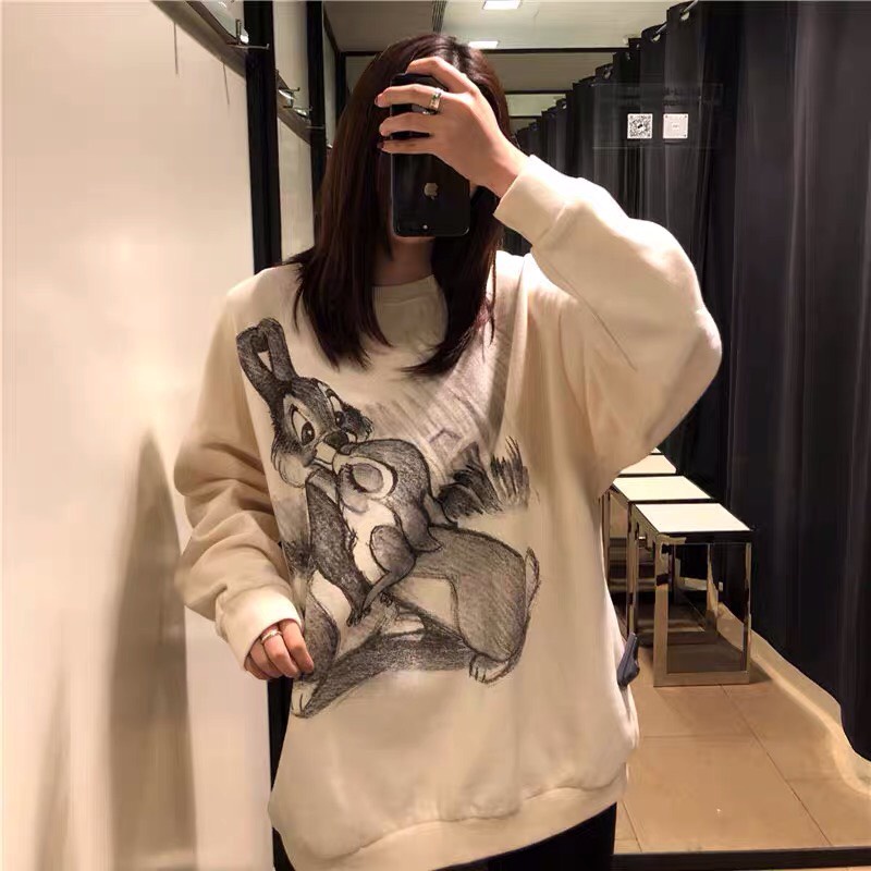 Áo Sweater Nữ In Hình Thỏ Áo Thun Nỉ Dáng Rộng Dài Tay