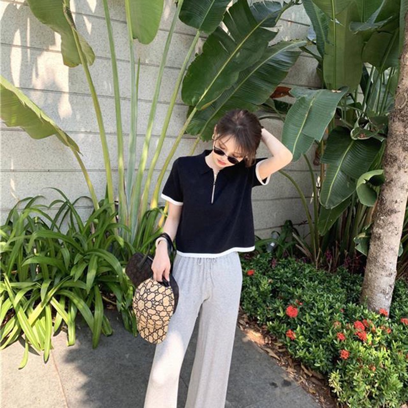 Áo thun IELGY tay ngắn cổ polo dệt kim thời trang cho nữ