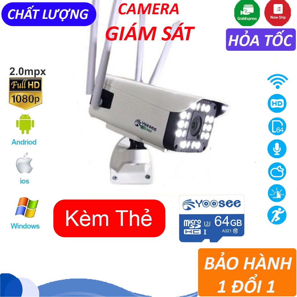 Camera yoosee ngoài trời, 4 râu, 20 đèn, kèm thẻ nhớ yoosee 64GB - Camera wifi góc rộng ban đêm có màu | BH 12 Tháng