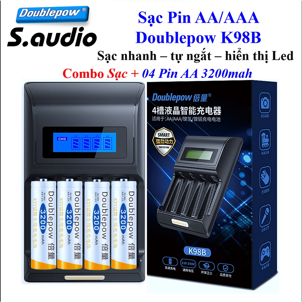 Sạc pin AA + 4 Pin AA 3200mah DP-K98 Doublepow sạc nhanh + tự ngắt + màn led | Chính hãng BH 18 tháng đổi mới