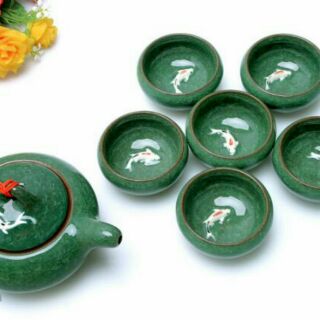 Bộ Ấm Trà Men Ngọc Cá 3D