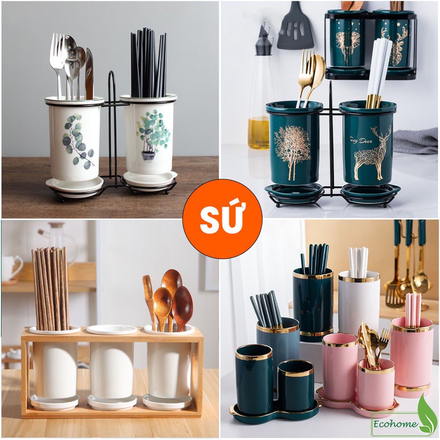 Kệ đựng ống đũa bằng gốm sứ - kệ gỗ, có đĩa hứng nước sạch sẽ phong cách Bắc Âu