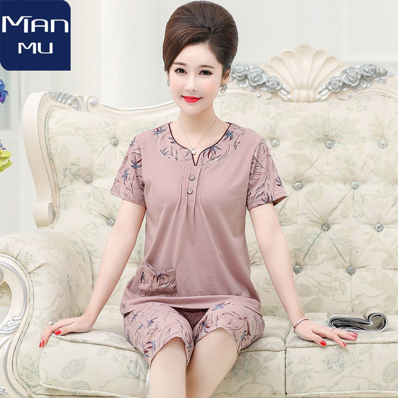 Đồ lót✜Bộ đồ ngủ mùa hè của bà mẹ trung niên bằng vải cotton mặc nhà phục vụ phụ nữ và người lớn tuổi quần cắt n