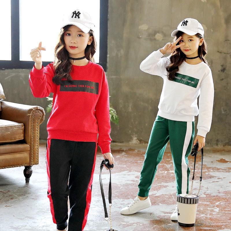 Bộ gồm áo thun dài tay và quần dài thể thao cho bé gái từ 3-14 tuổi