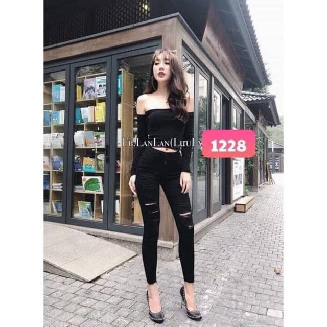 Quần Jean Dài Nữ Rách Nhiều Đường Màu Đen Hàng Co Giãn Lưng Cao