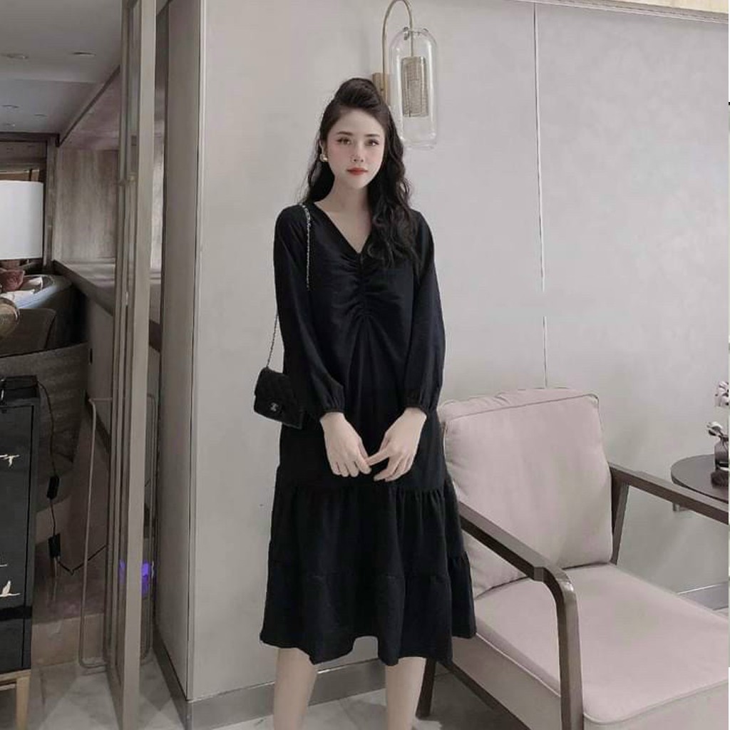 Đầm bầu thời trang thiết kế rúm ngực MB203 chất đũi hàn freesize từ 45 đến 70kg