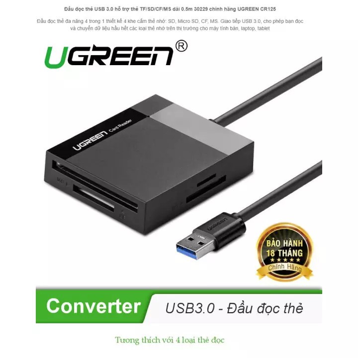 Đầu đọc thẻ USB 3.0 Cao Cấp UGREEN 30231 30333 hỗ trợ thẻ TF/SD/CF/MS Chính Hãng CM207