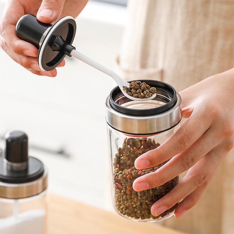 Lọ đựng gia vị thủy tinh kèm muỗng đẹp, sang trọng, gọn gàng cho nhà bếp